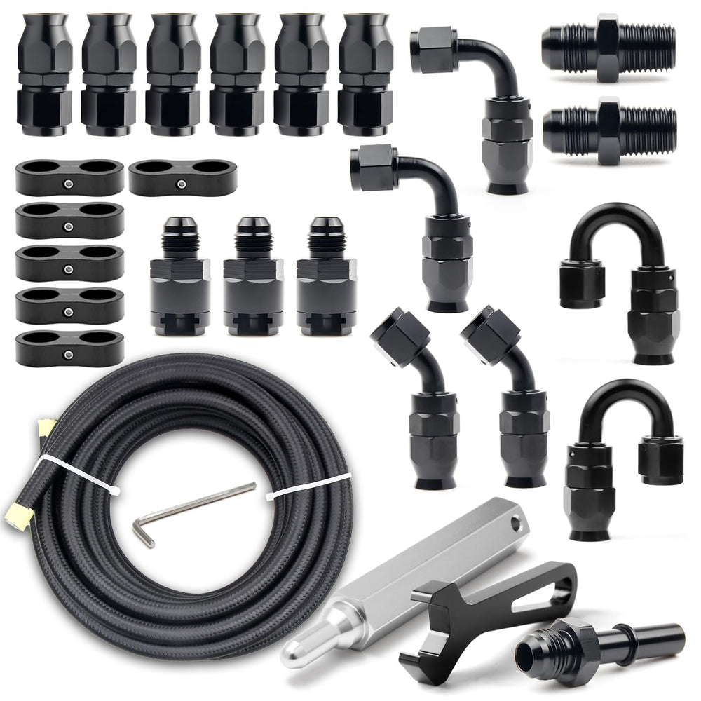 Medoon 8AN PTFE fuel line kit laid out for LS swap EFI applications
