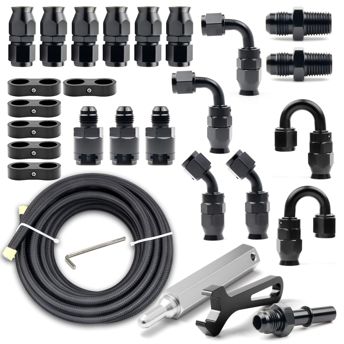 Medoon 8AN PTFE fuel line kit laid out for LS swap EFI applications