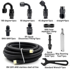 Medoon PTFE hose end fittings ready for precise automotive connections