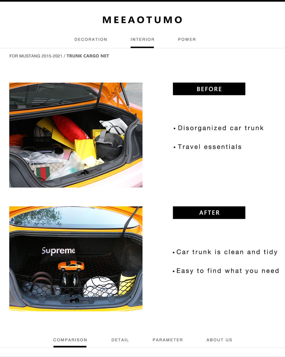 MEEAOTUMO trunk cargo net-hook-installation simplifies setup without tools for quick use.