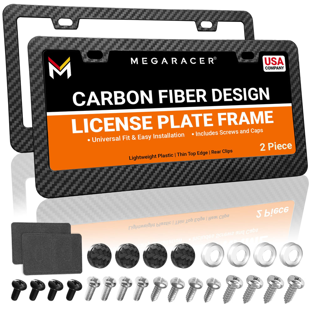 Mega Racer carbon fiber license plate frame front view with universal fit for most cars