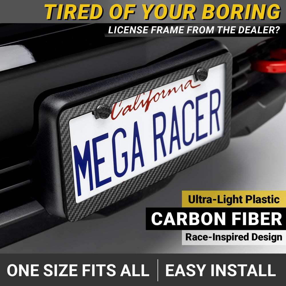 Mega Racer carbon fiber plate frame rear view with rattle-free clips for secure mounting