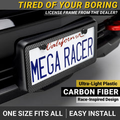 Mega Racer carbon fiber plate frame rear view with rattle-free clips for secure mounting