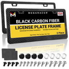 Mega Racer carbon fiber license plate frame, front view, rust-resistant design adds subtle sport style.
