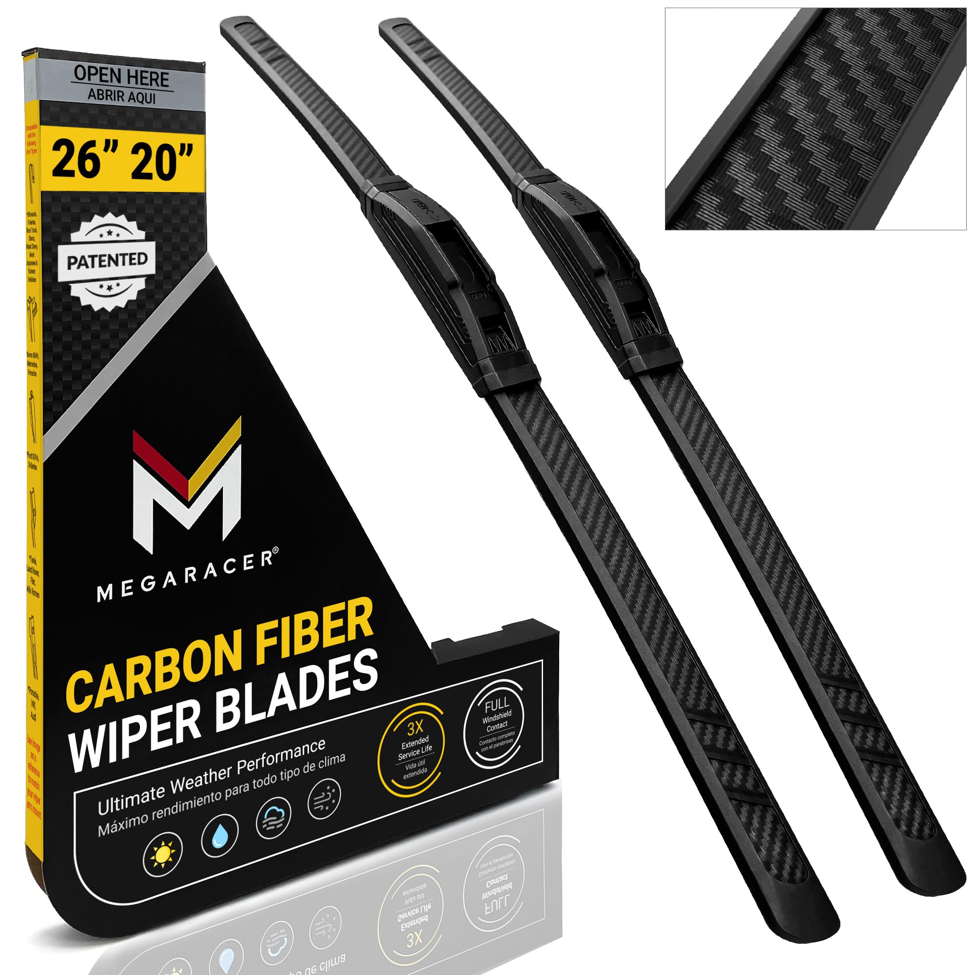 Mega Racer carbon fiber wiper blade 26-inch front view for all-season clarity.
