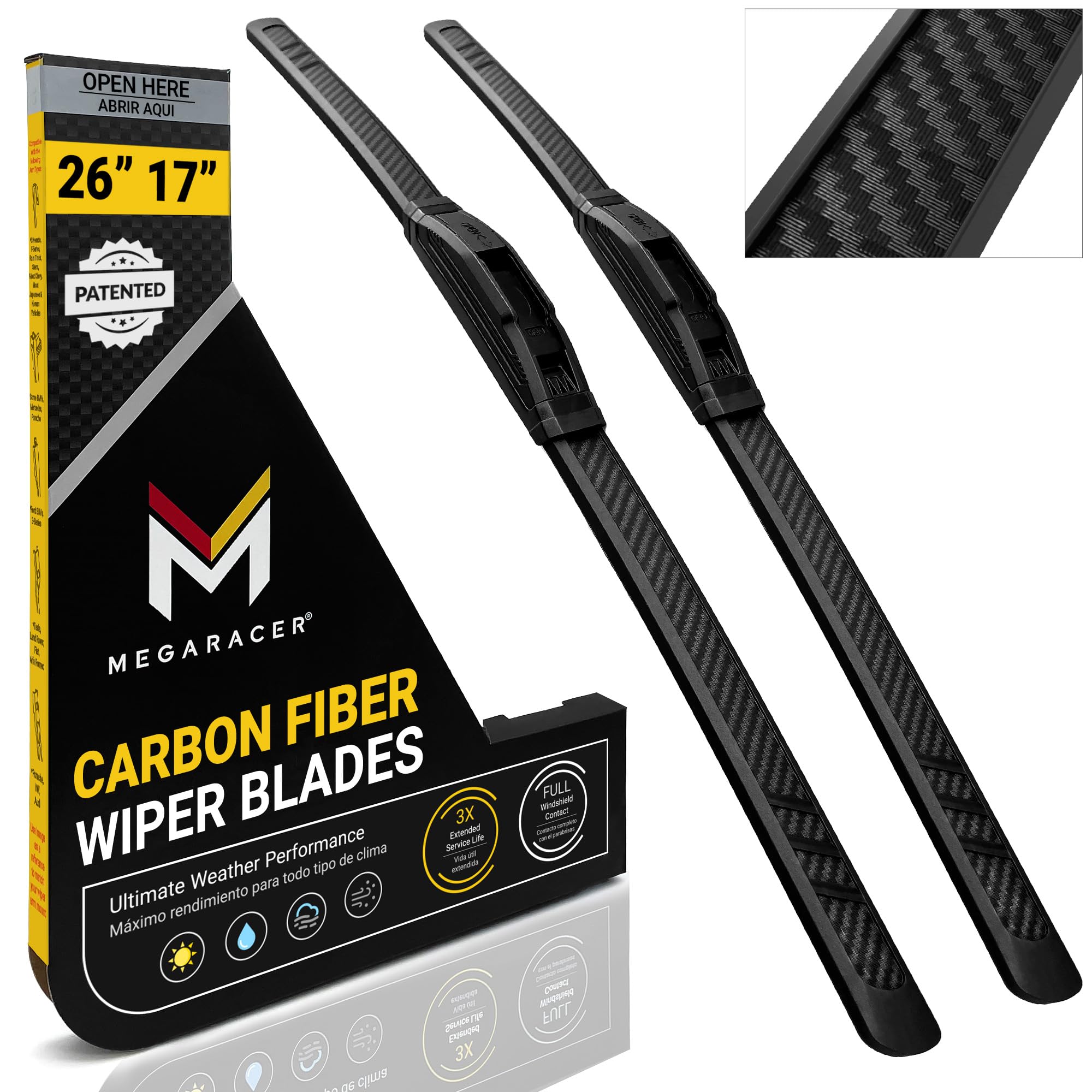 Mega Racer carbon-fiber wiper 26-inch front-blade for streak-free rain visibility.