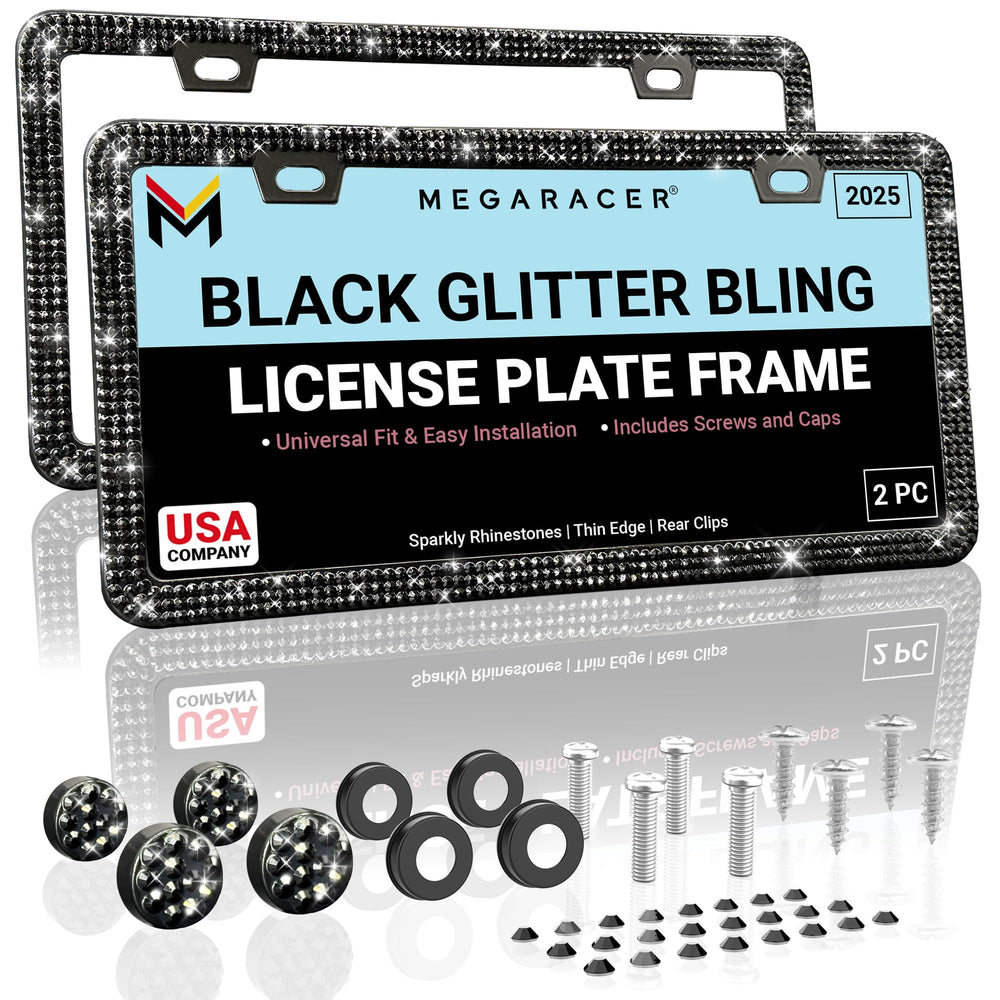 Mega Racer Elegant Bling license frame front view with crystals enhances curb appeal.