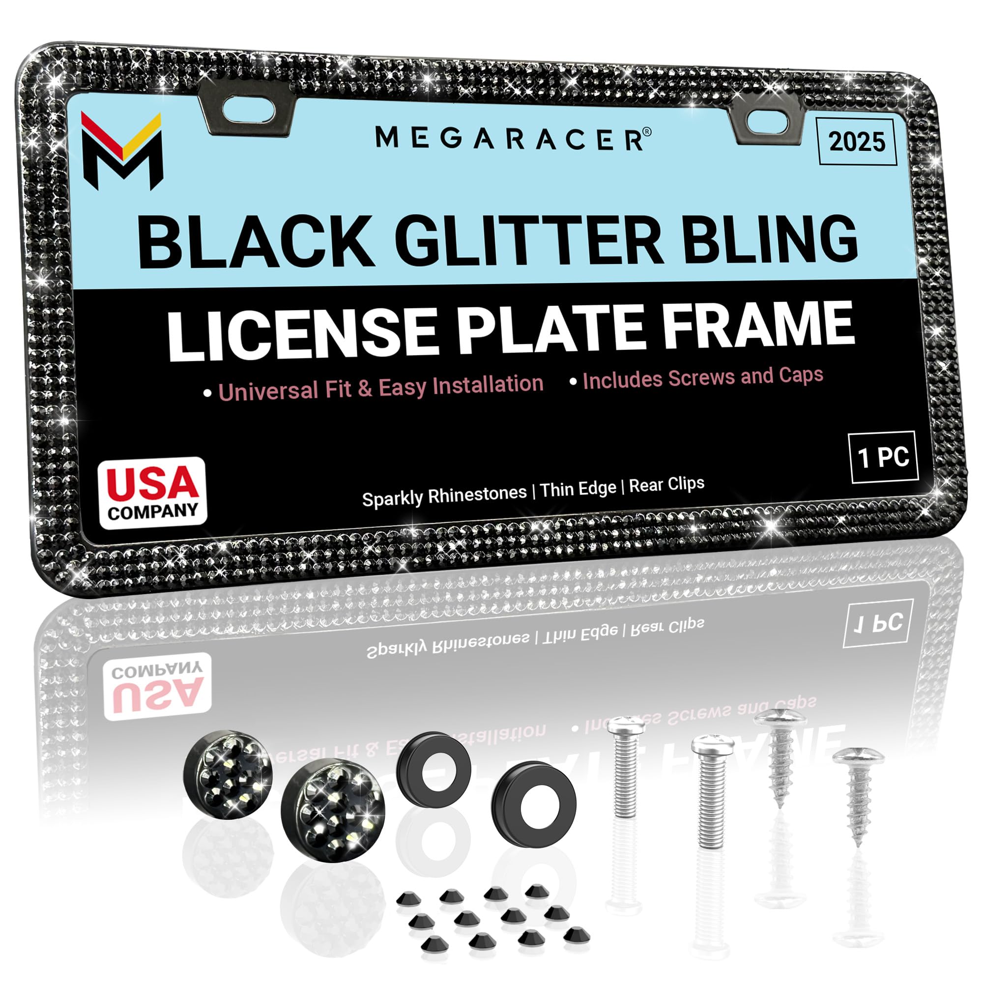 Mega Racer Elegant Bling License Frame front view shows 800 black rhinestones for glam
