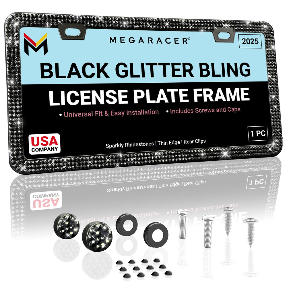 Mega Racer Elegant Bling License Frame front view shows 800 black rhinestones for glam