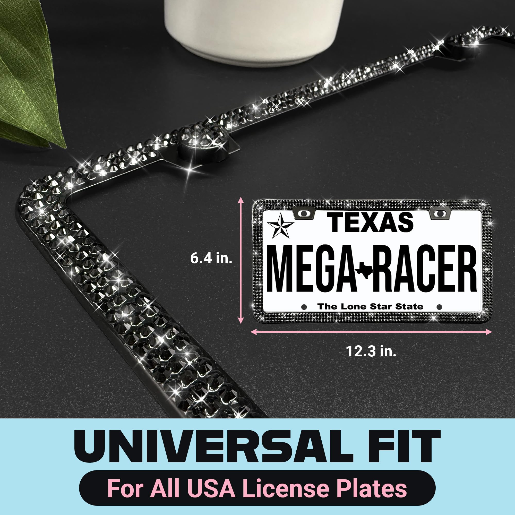 Mega Racer license frame side slim edge highlights discreet sparkle for sleek profile