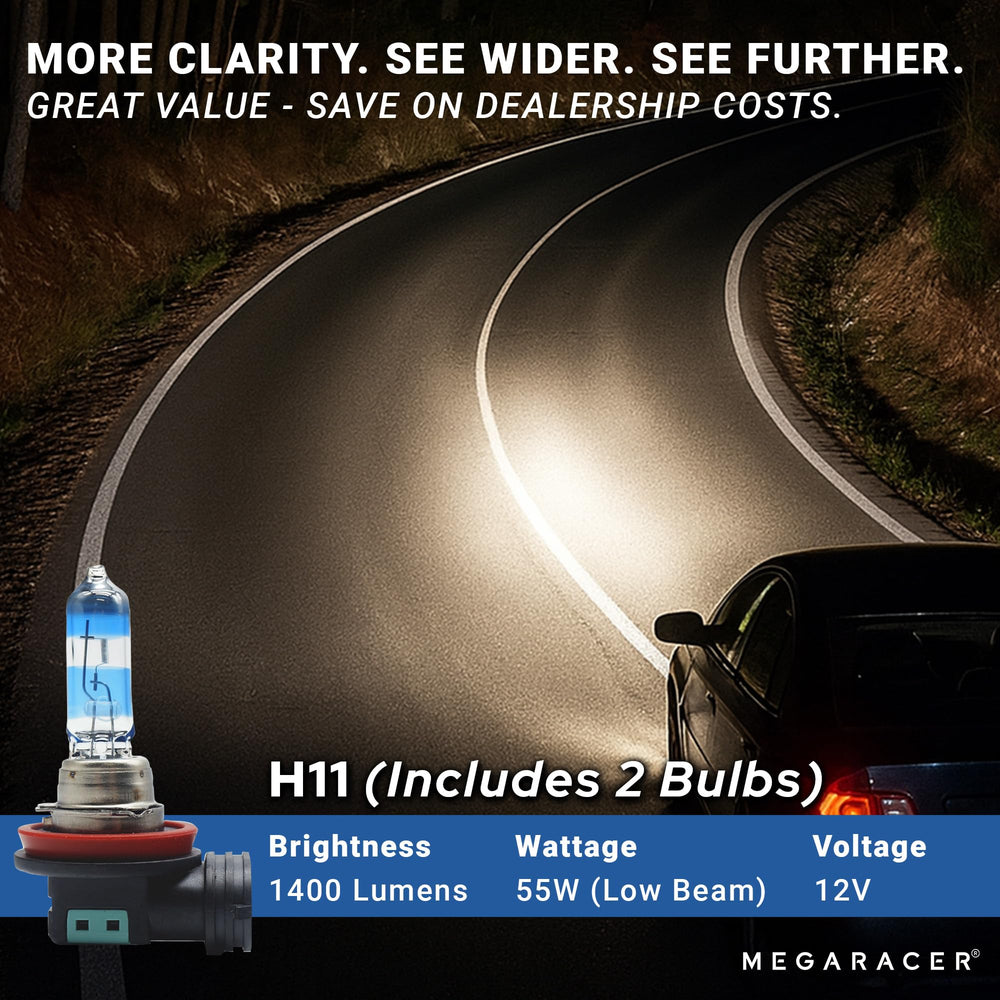 Mega Racer H11 beam pattern tuned for projector housings and precise focus