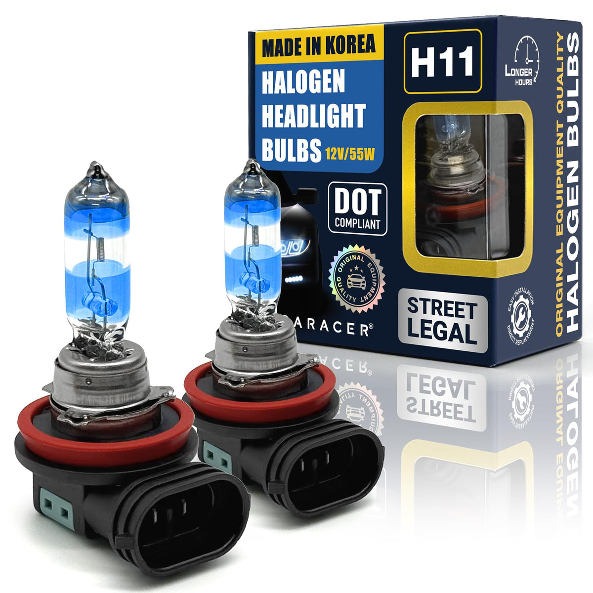 Mega Racer H11 headlight bulbs front view for crisp night visibility