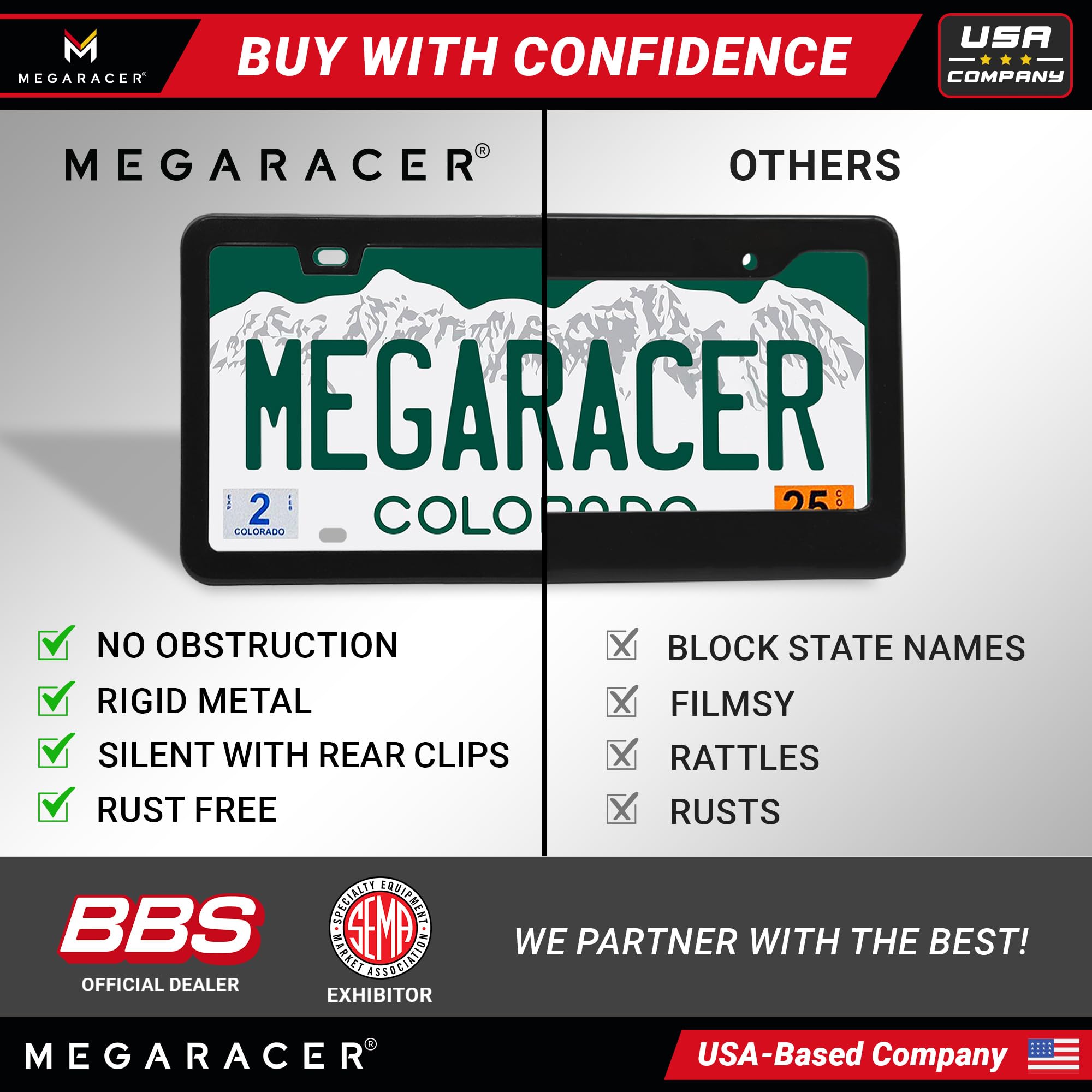 Mega Racer license frame easy-install front and rear mounting