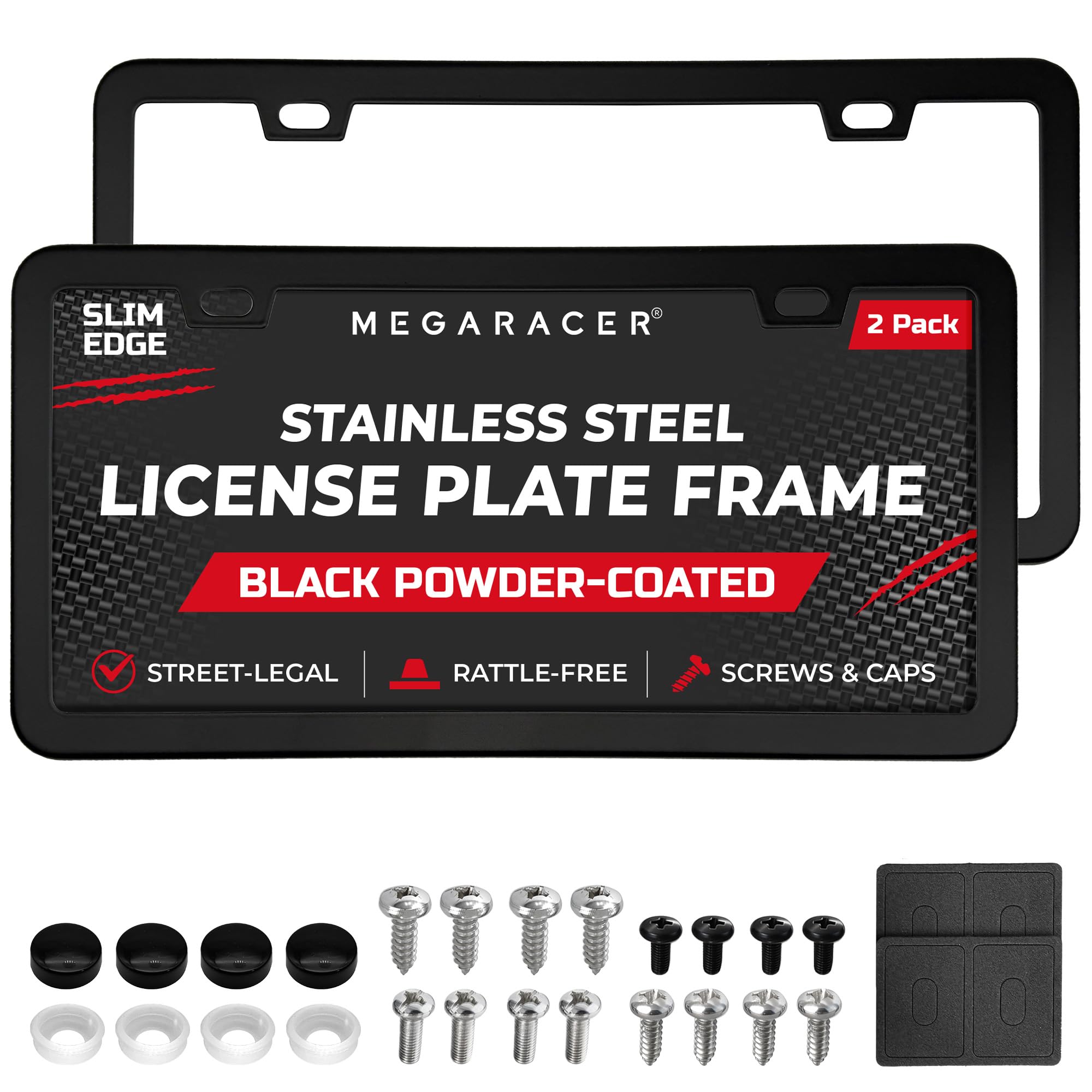 Mega Racer matte black license frame with slim edges unobstructing the state name