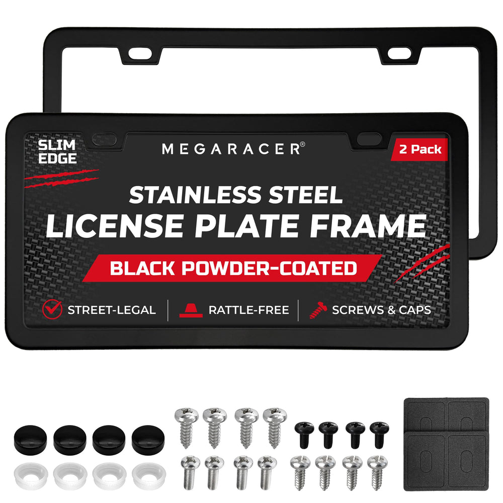 Mega Racer matte black license frame with slim edges unobstructing the state name