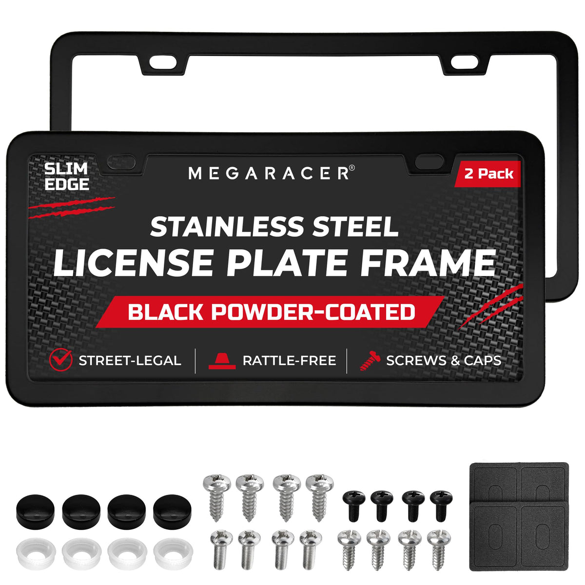 Mega Racer matte black license frame with slim edges unobstructing the state name