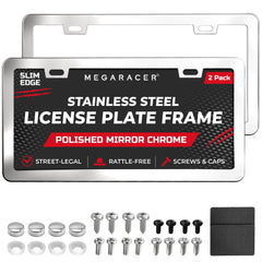 Mega Racer polished mirror license frame front 2-hole enhances sleek street-legal look