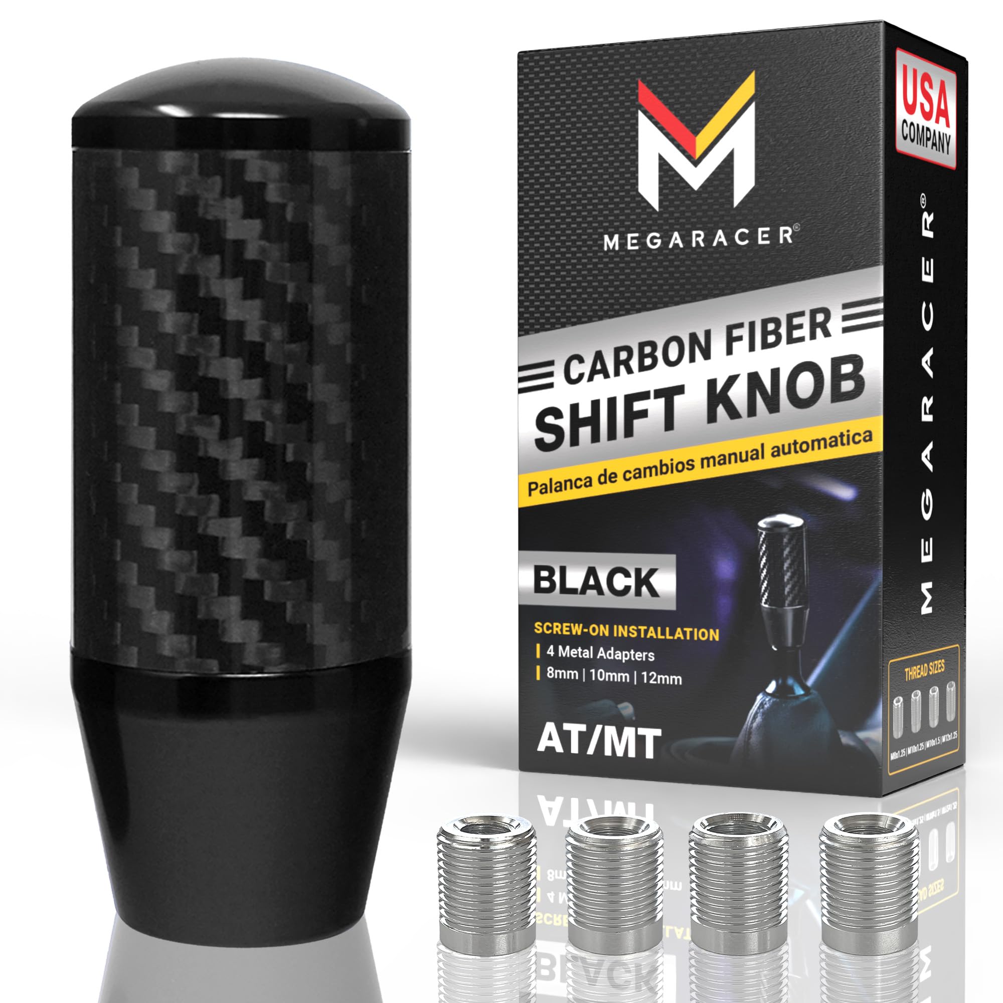 Mega Racer premium carbon fiber shift knob center close-up for premium feel.