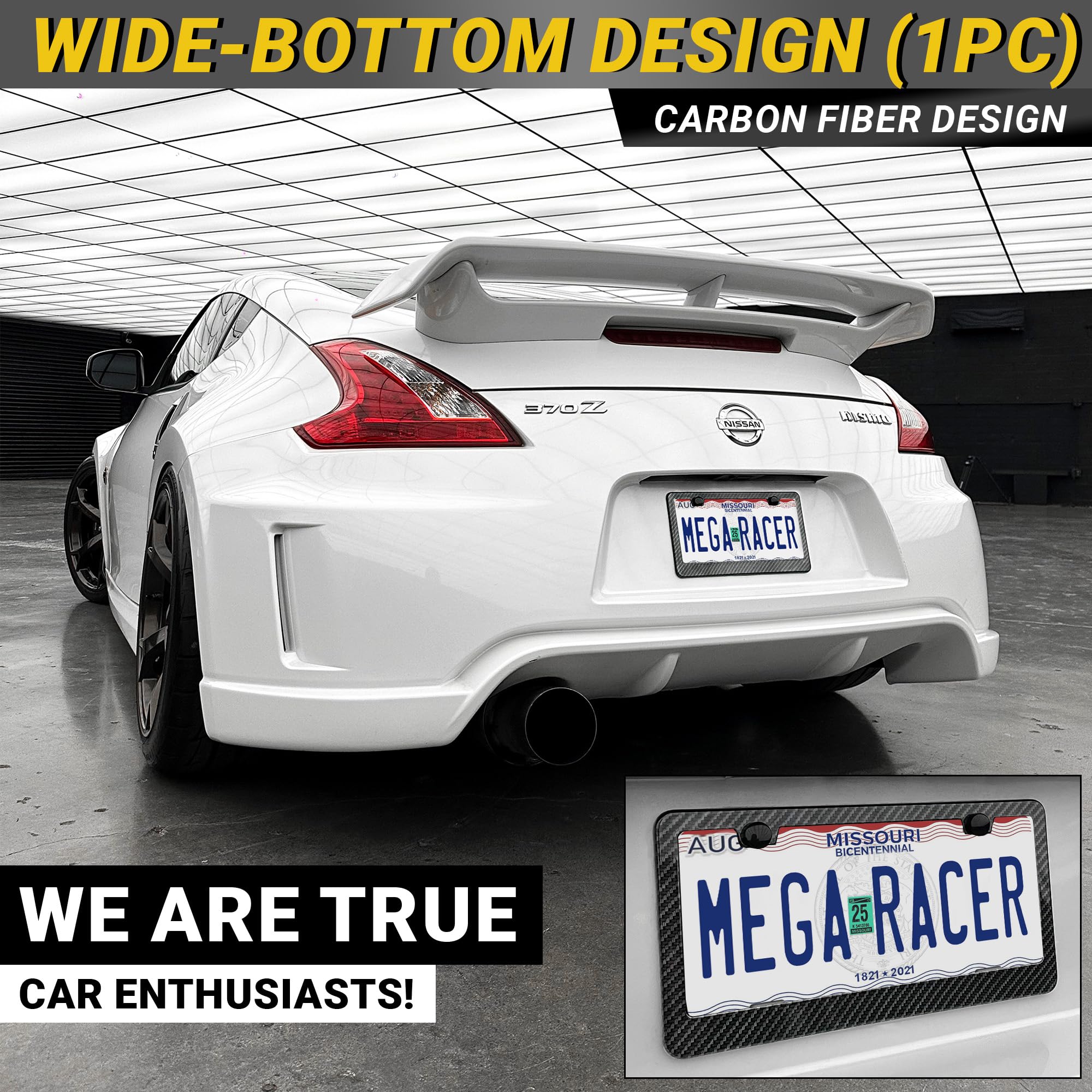 Mega Racer license frame rear view shows rattle-free, clean lines behind the plate.
