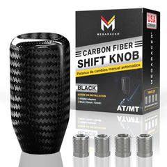 Mega Racer carbon fiber shift knob with glossy finish; enhances grip.