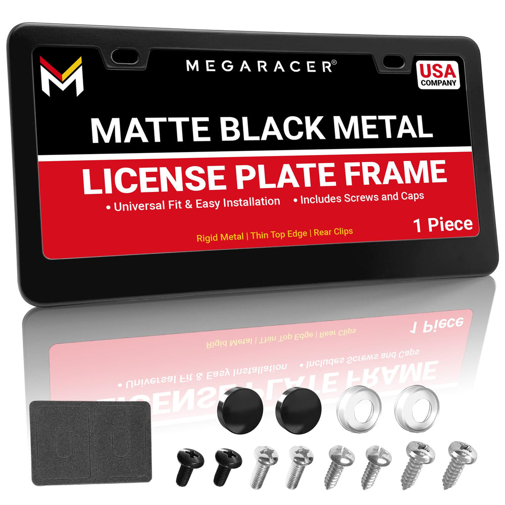 Mega Racer premium matte black license plate frame front close-up, durable finish.
