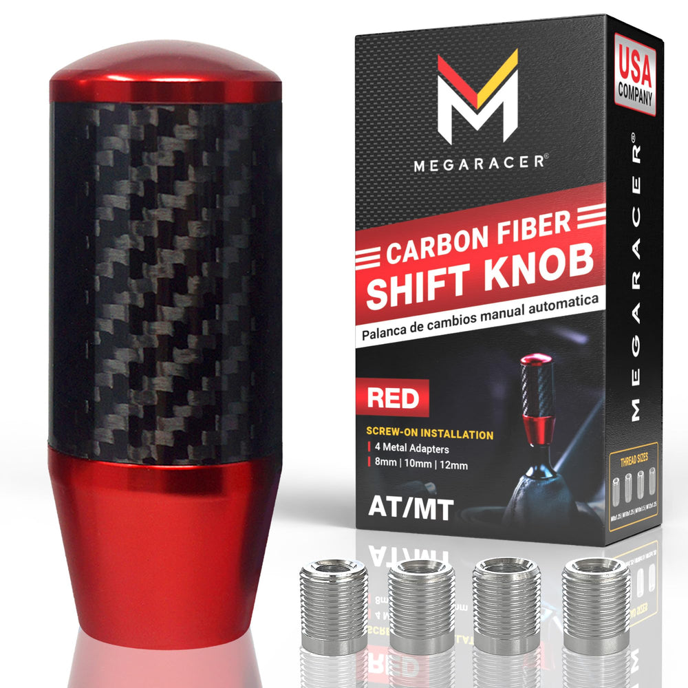 Mega Racer premium red carbon fiber shift knob with 3K twill center for a premium feel.