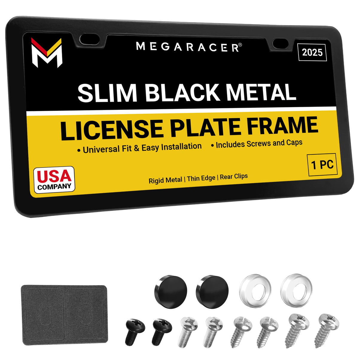 Mega Racer front view: premium slim matte license frame for a clean street-ready look