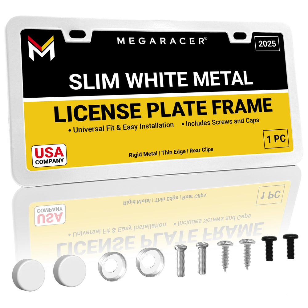 Mega Racer premium slim white license frame – front view with a sleek gloss finish for a modern look