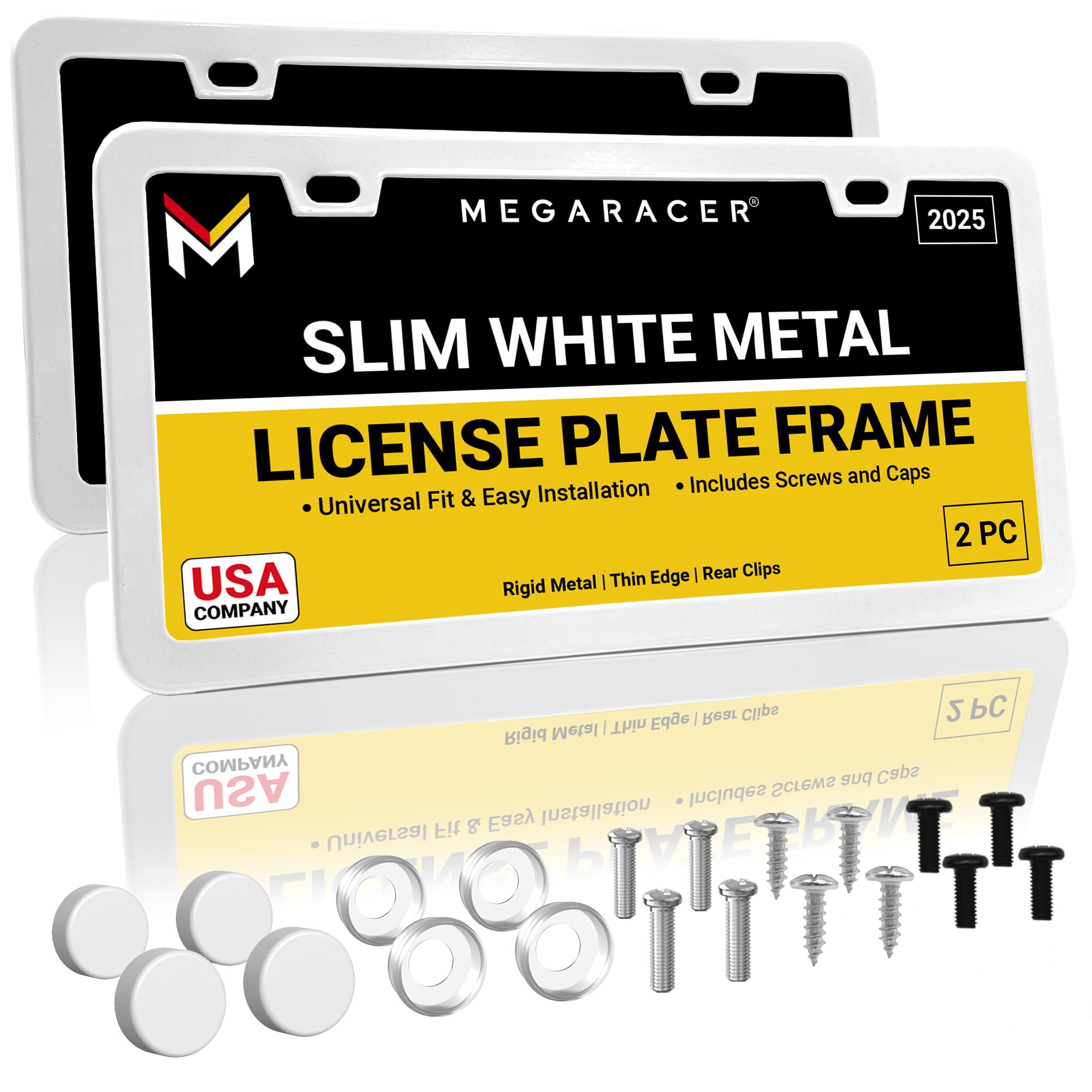 Mega Racer premium slim white license frame front view for a clean road-ready look.