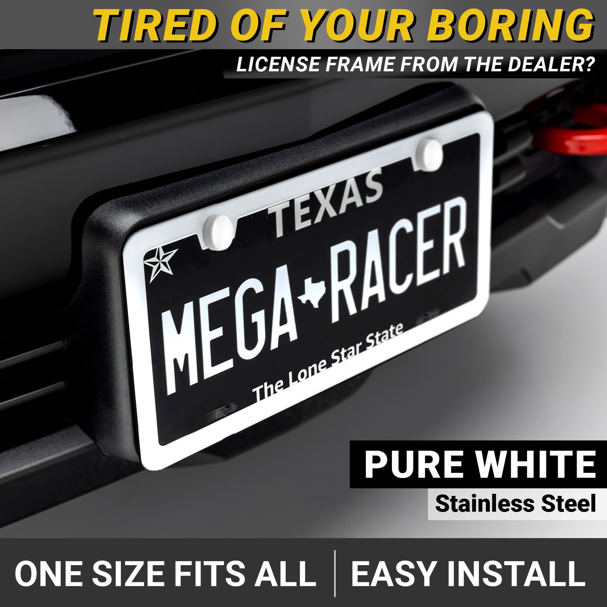 Mega Racer license frame rear view showing secure, rattle-free fit with foam pads