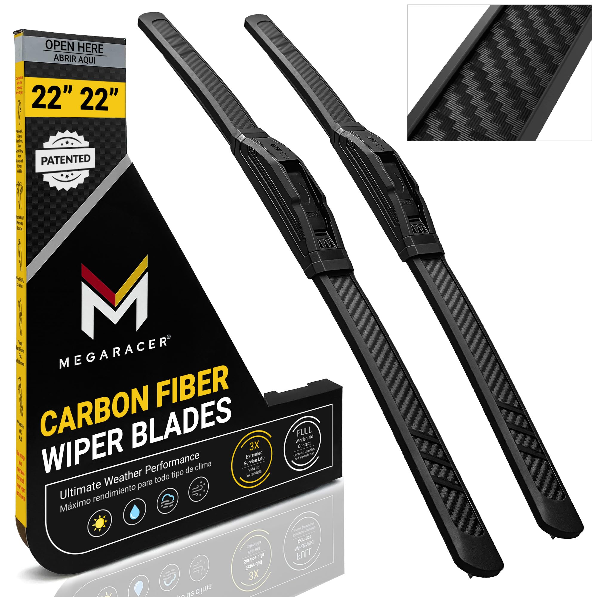 Mega Racer premium wiper blade front view highlights carbon fiber design for aero performance.
