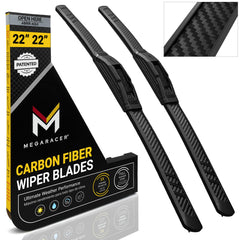 Mega Racer premium wiper blade front view highlights carbon fiber design for aero performance.