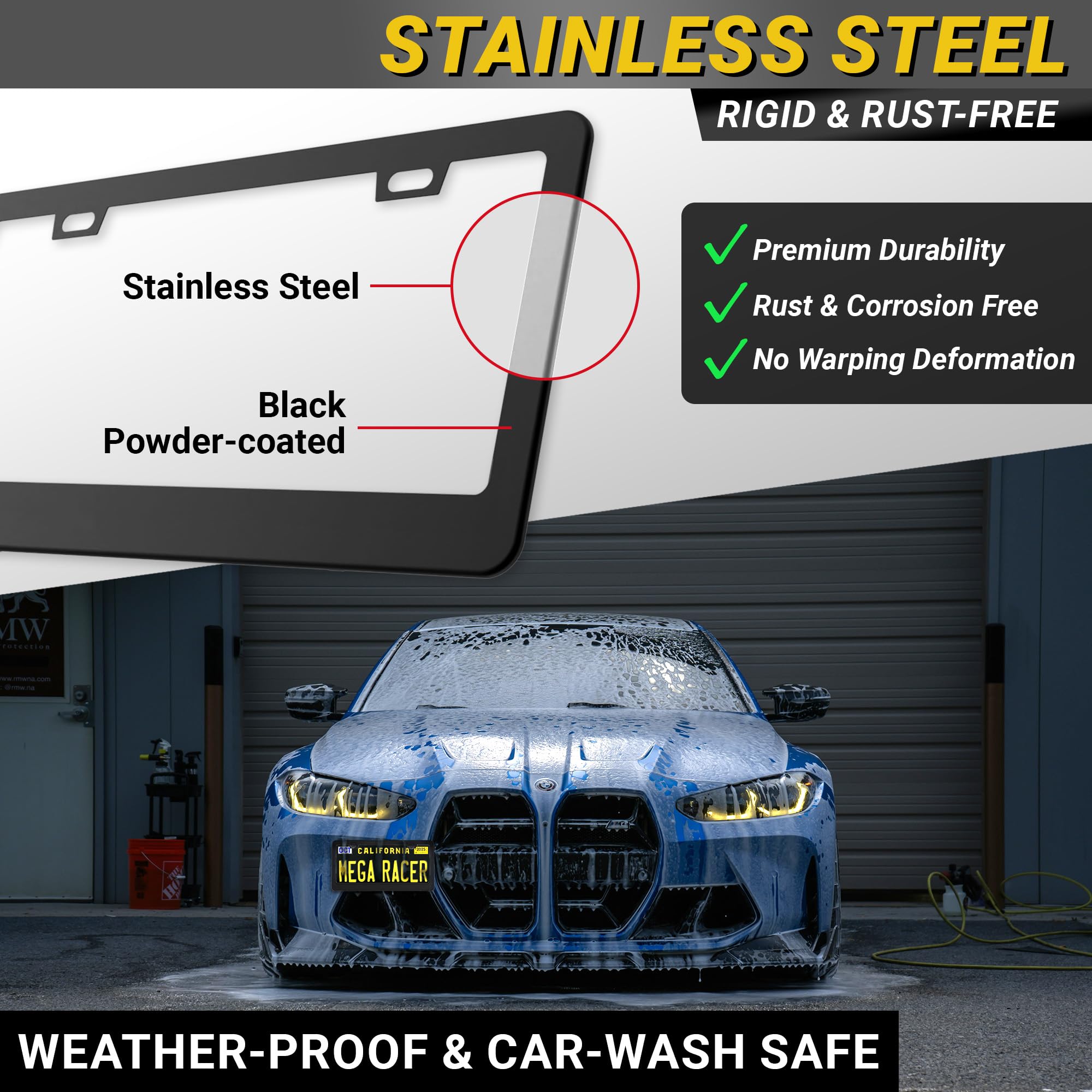 Mega Racer rust-resistant license frame withstands weather