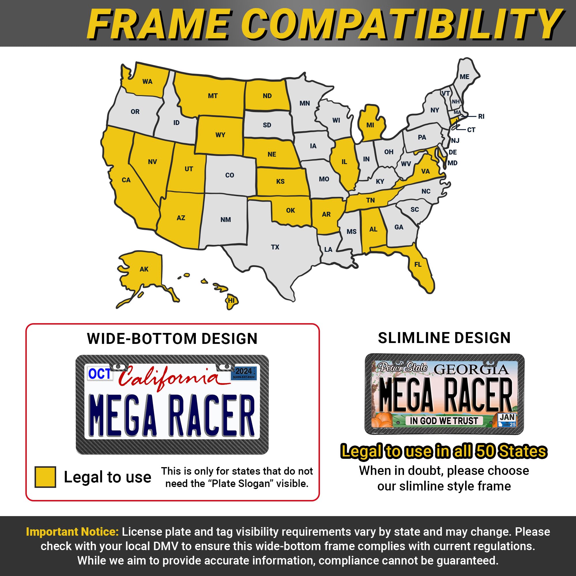 Mega Racer rust-resistant license plate frame, back, reliable under car washes and rain.