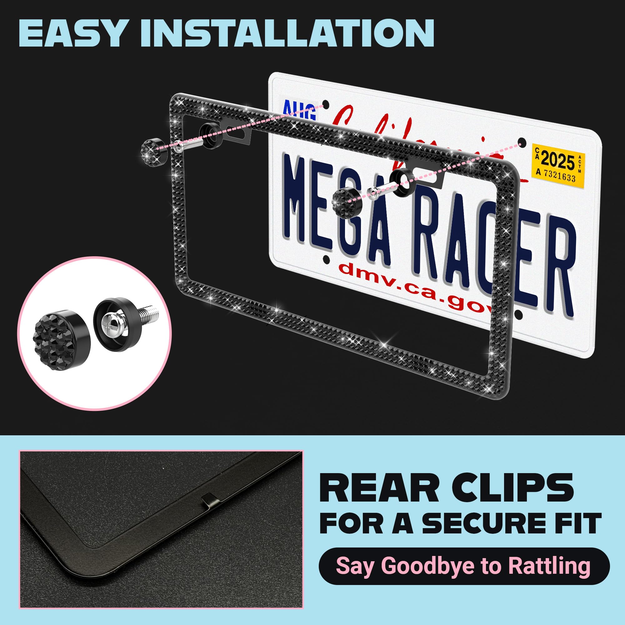 Mega Racer slim edge design fits standard US plates without coverage.
