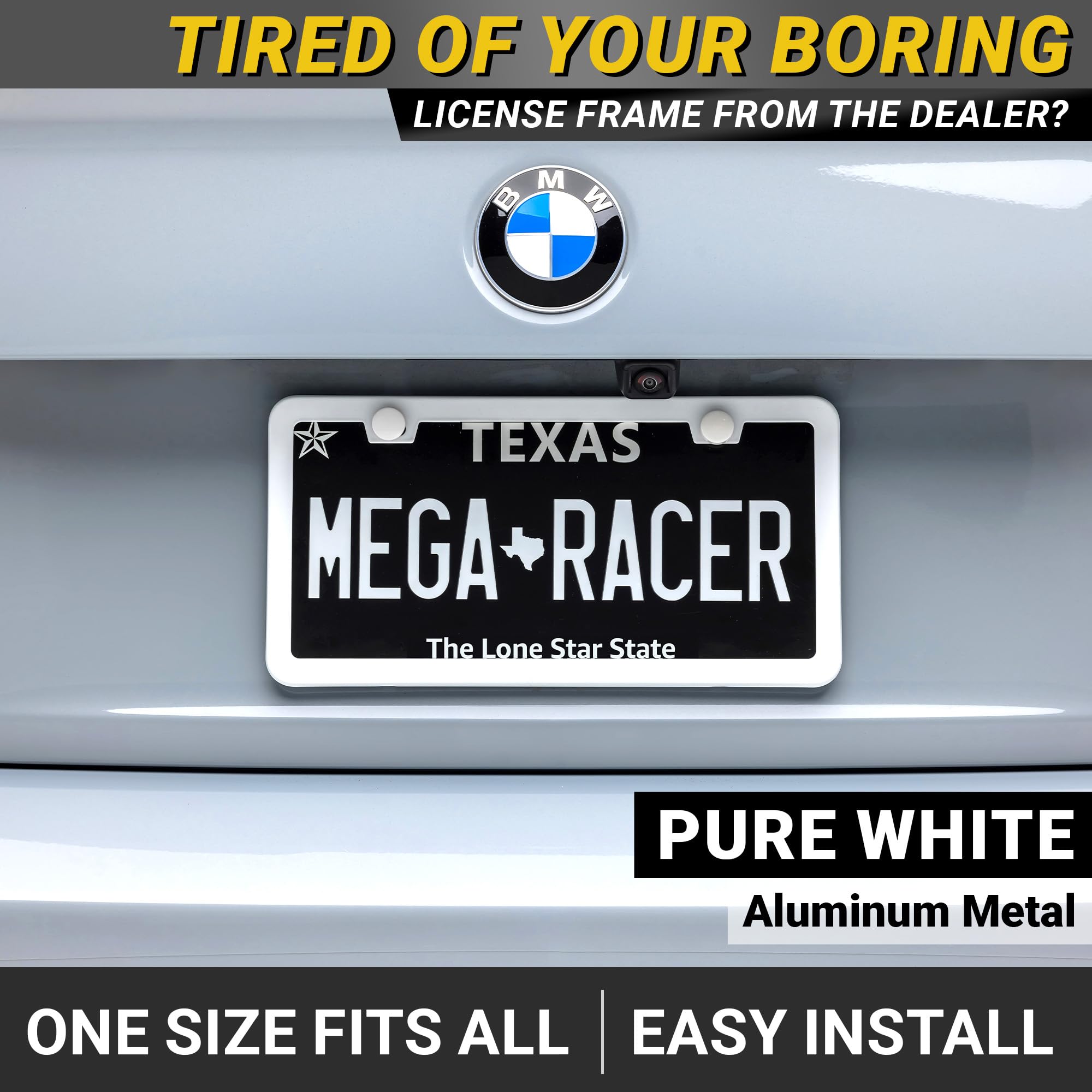 Mega Racer slim license frame fits sedans, trucks, and SUVs with minimal bulk and style.