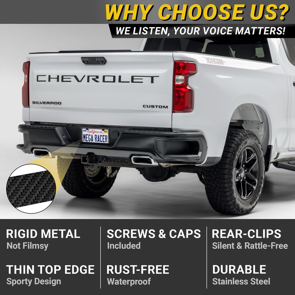 Mega Racer slim-top license plate frame, back view, compact profile for clean aesthetics.