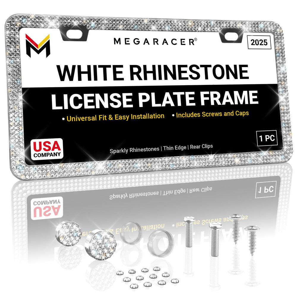 Mega Racer license frame close-up highlighting rhinestone sparkle.