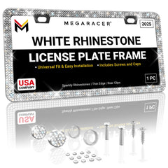 Mega Racer license frame close-up highlighting rhinestone sparkle.