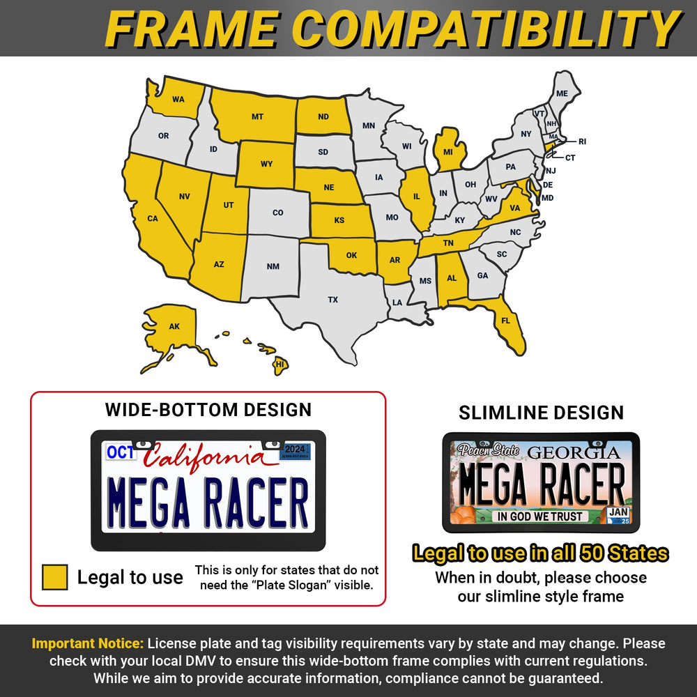 Mega Racer universal-fit license frame for US and Canada plates