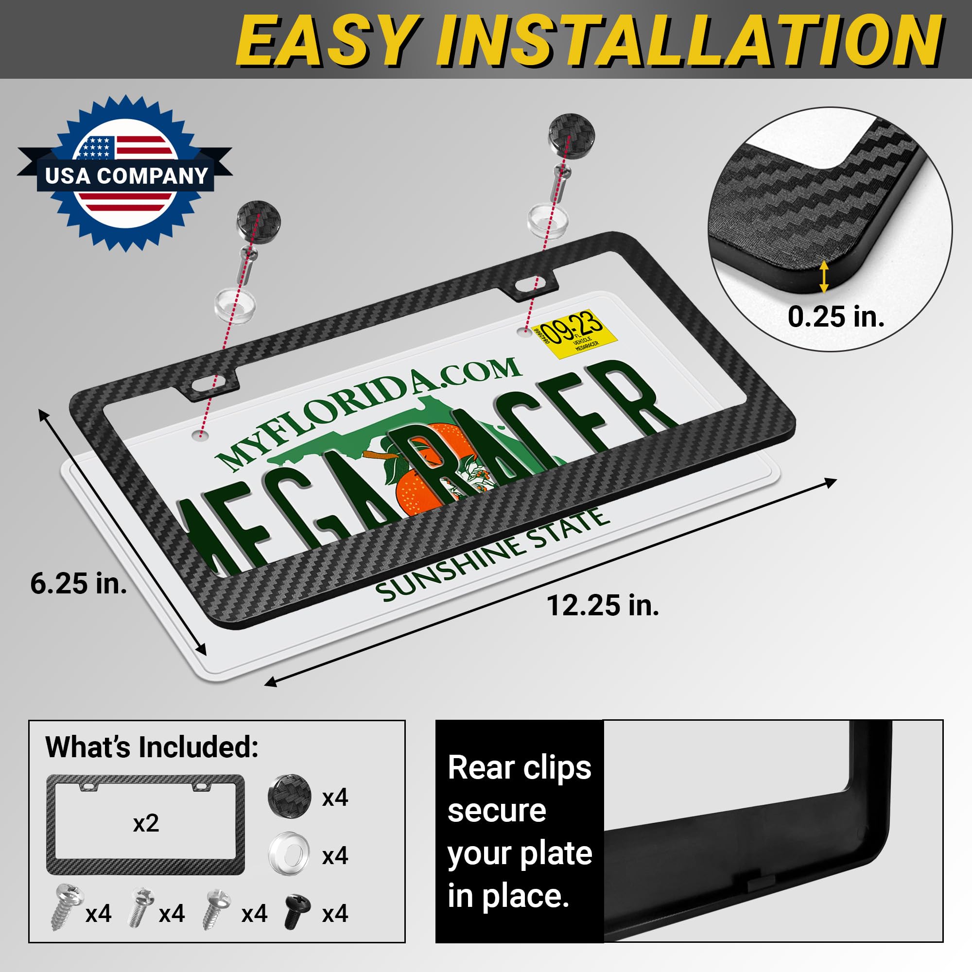 Mega Racer UV-resistant finish on license plate frame enduring sun exposure