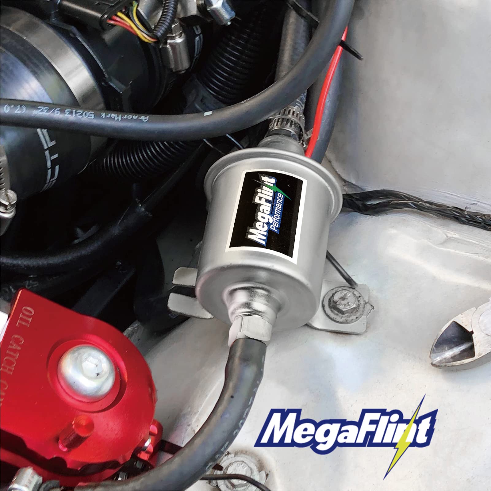 Megaflint inline fuel pump compatibility and warranty highlights two-year coverage.