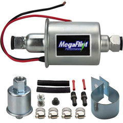 Megaflint inline fuel pump exterior view shows sturdy build for reliable 12V operation.