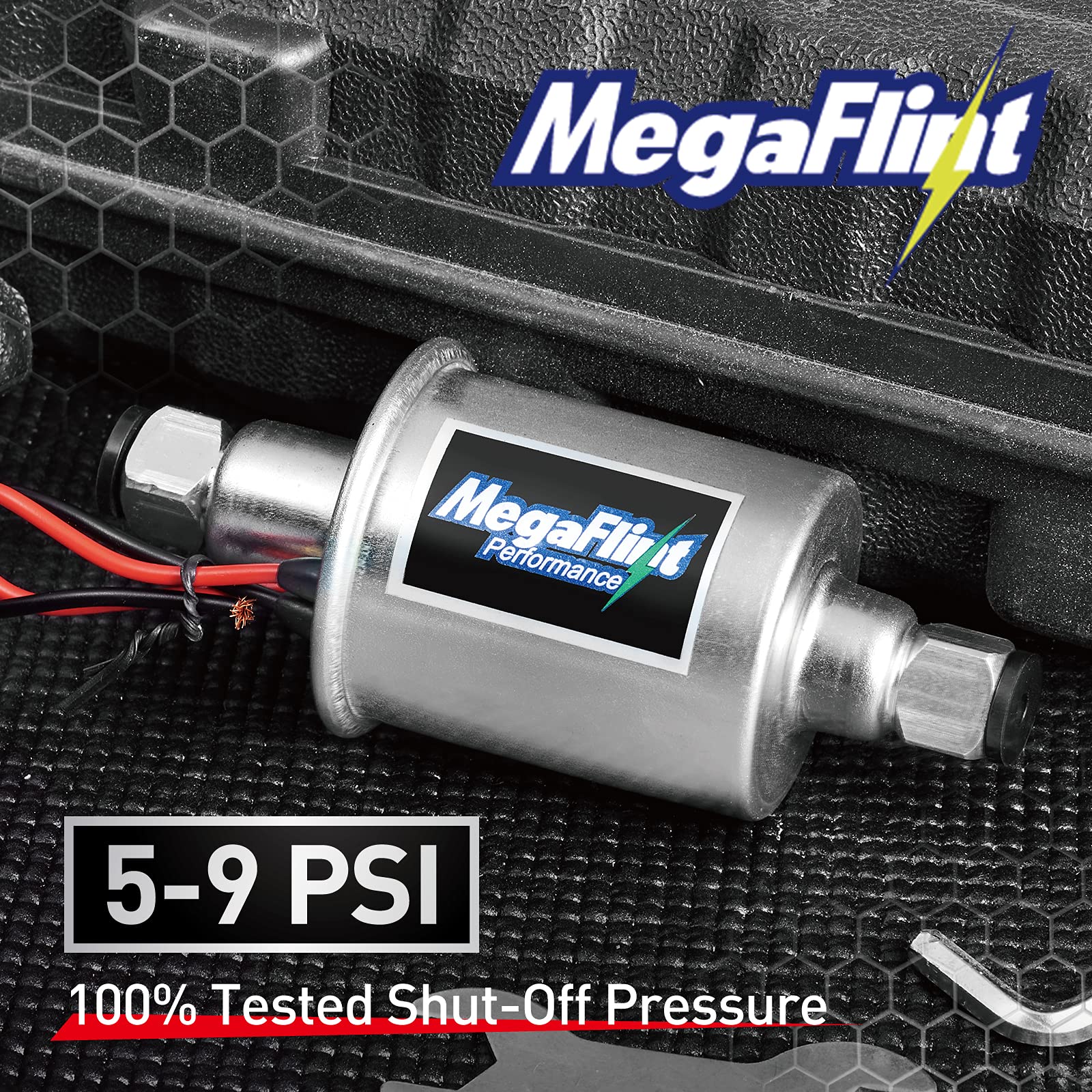 Megaflint inline fuel pump internal copper coil highlights durable motor performance.
