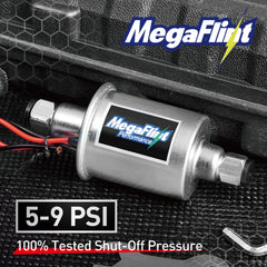 Megaflint inline fuel pump internal copper coil highlights durable motor performance.