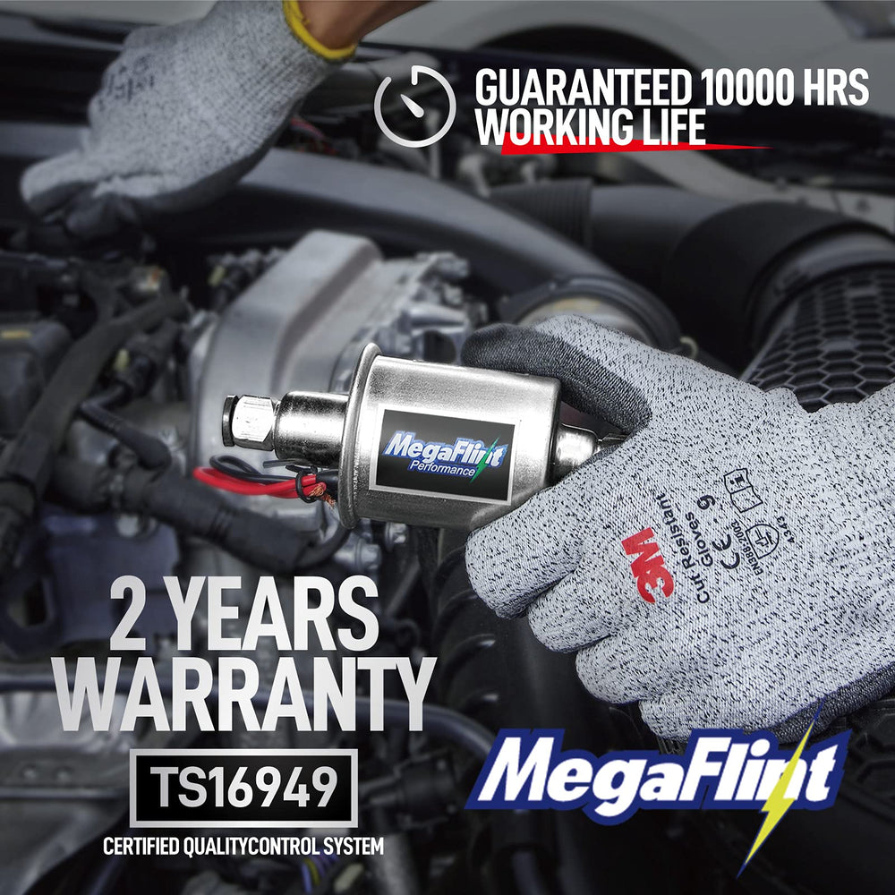 Megaflint inline fuel pump mounted with simple two-bolt kit for quick fitment.