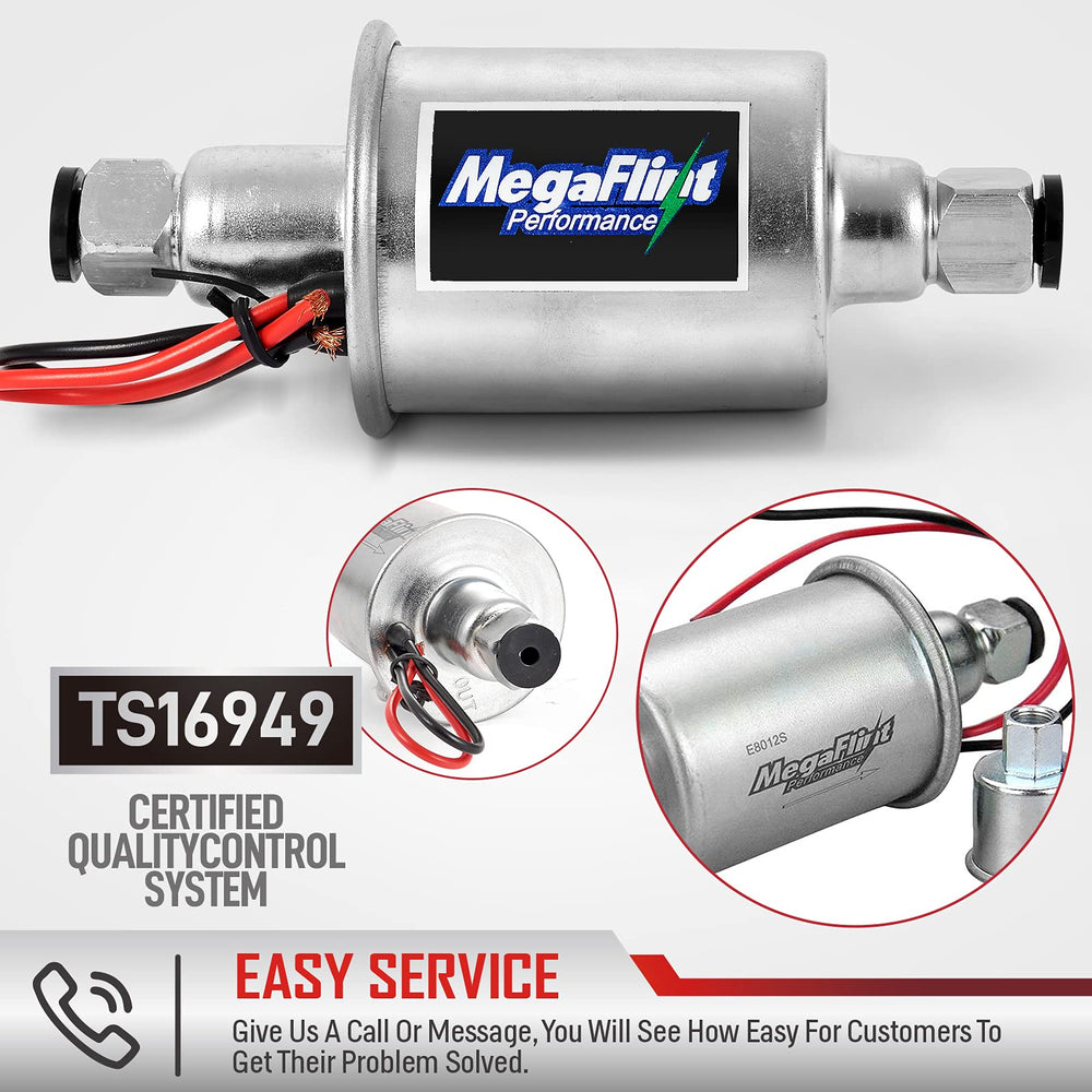 Megaflint inline fuel pump packaged kit ready for 12V vehicles and boats.