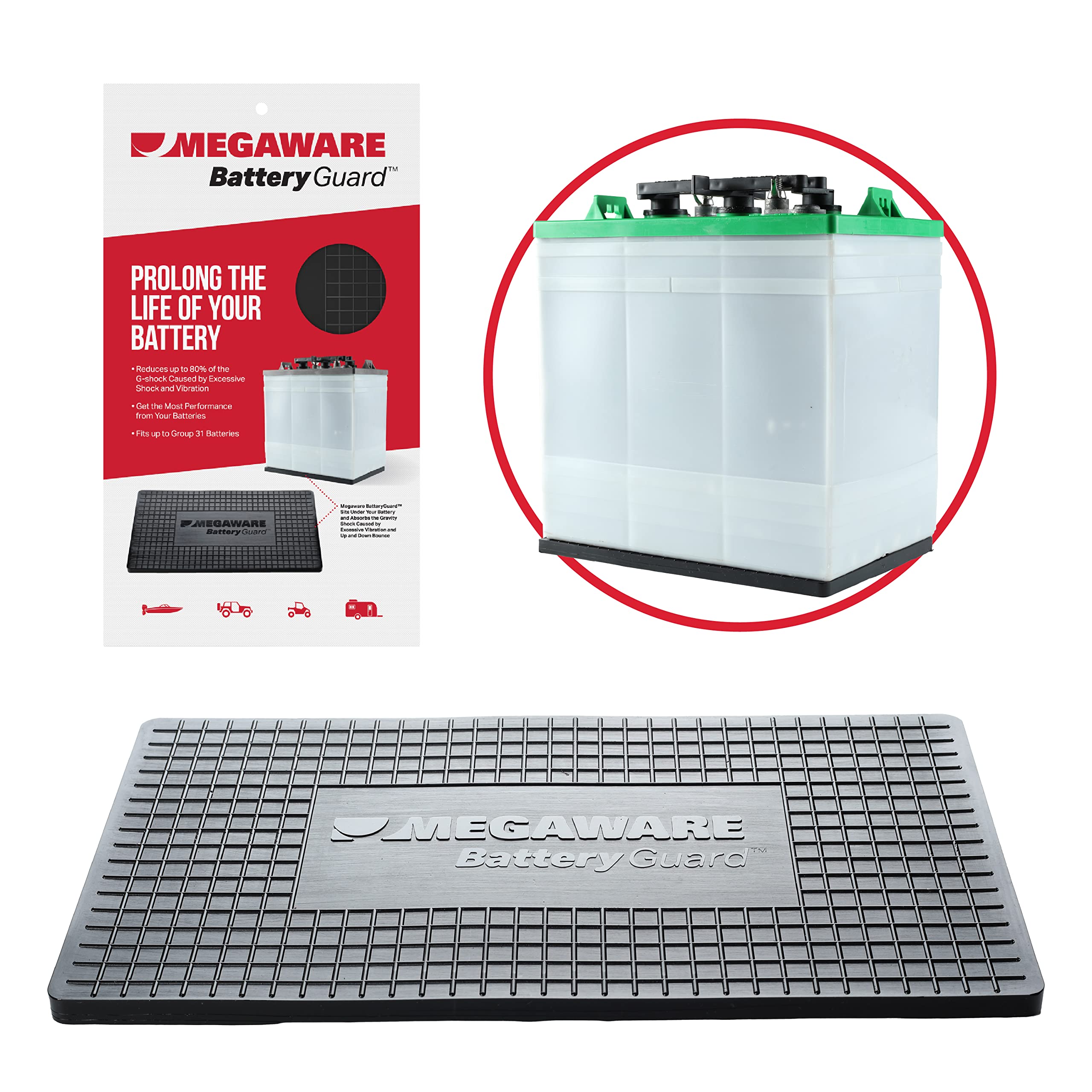 MEGAWARE KEELGUARD BatteryGuard Protector mounted in boat battery compartment for secure fit.