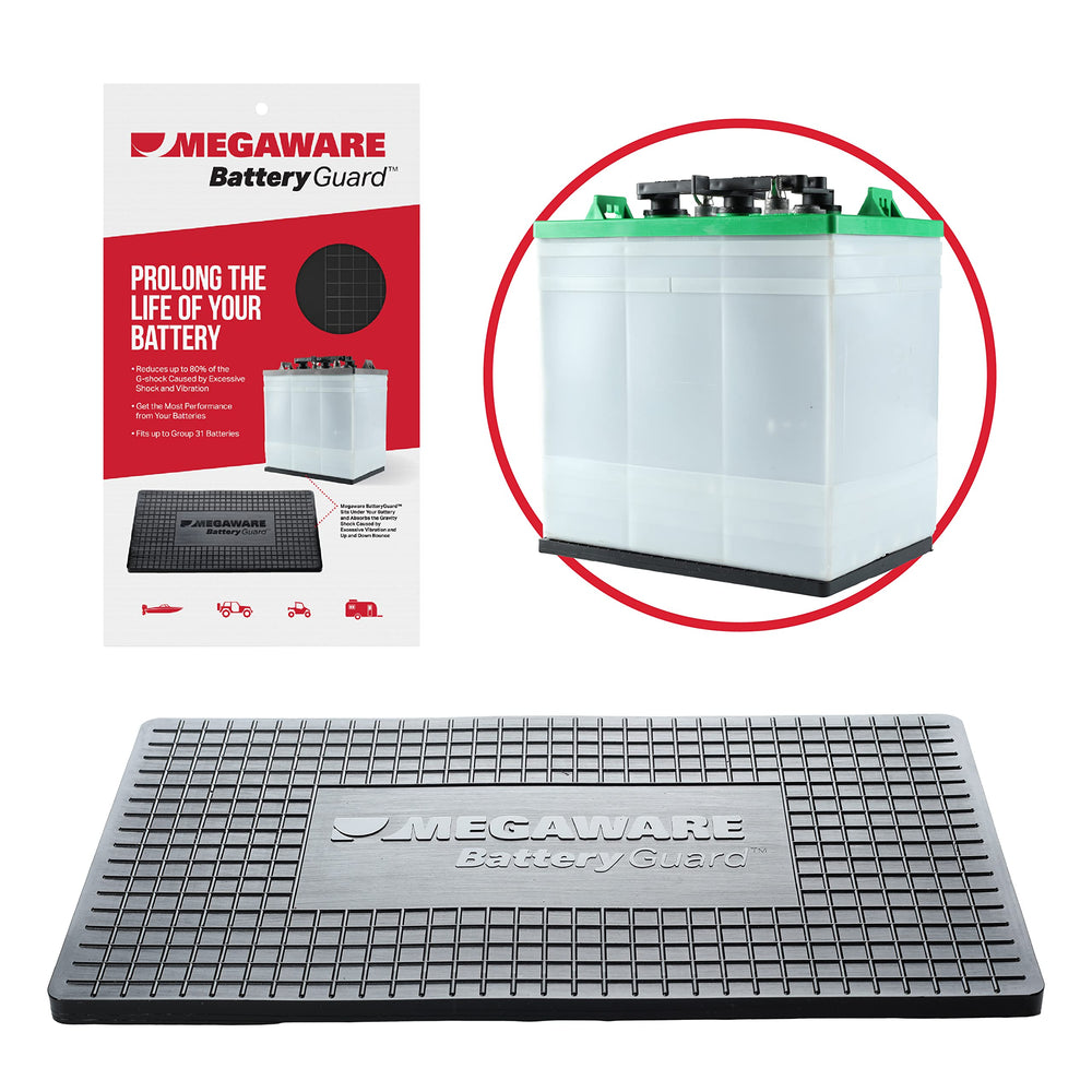 MEGAWARE KEELGUARD BatteryGuard Protector mounted in boat battery compartment for secure fit.
