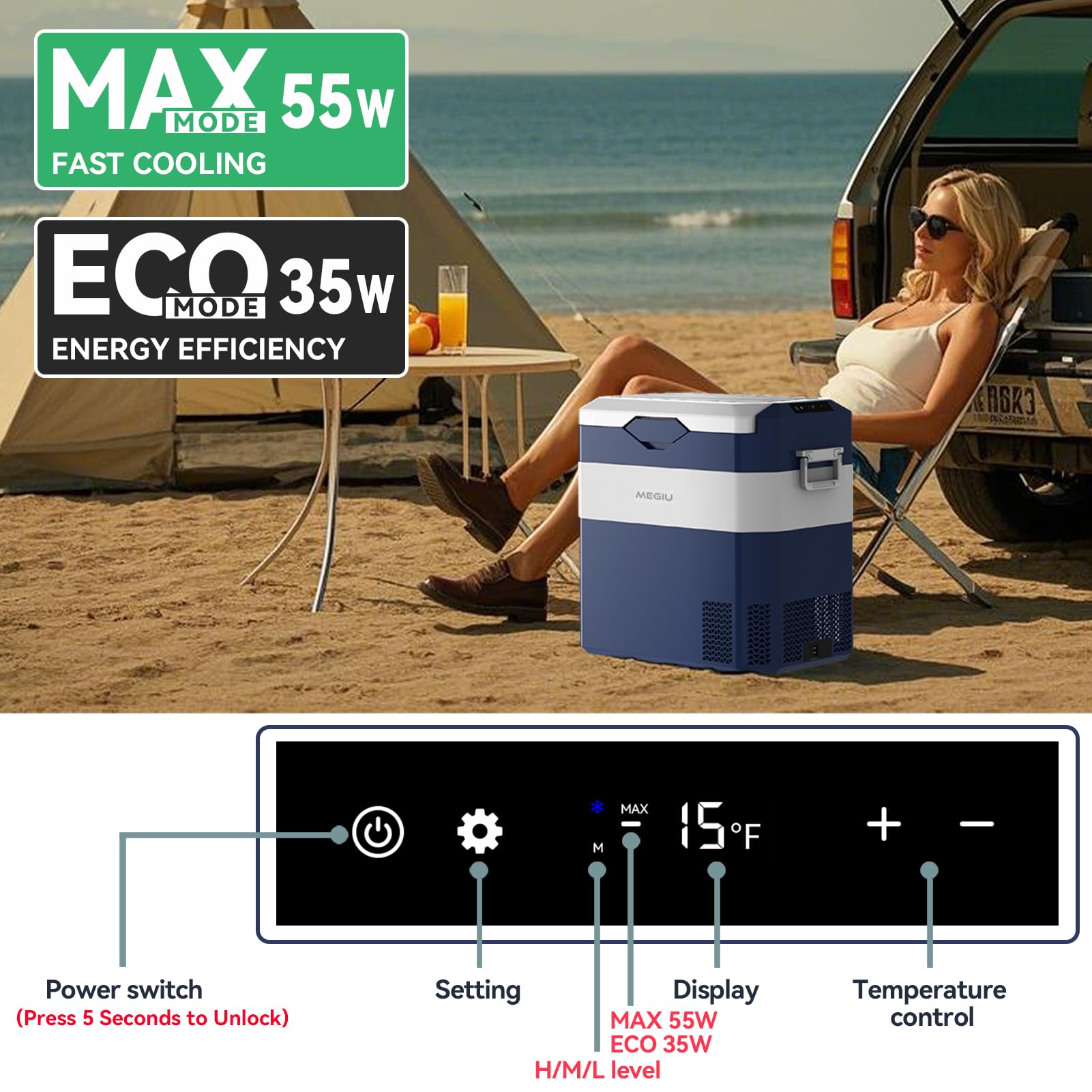Megiu portable fridge showcases compact design for easy transport and storage.